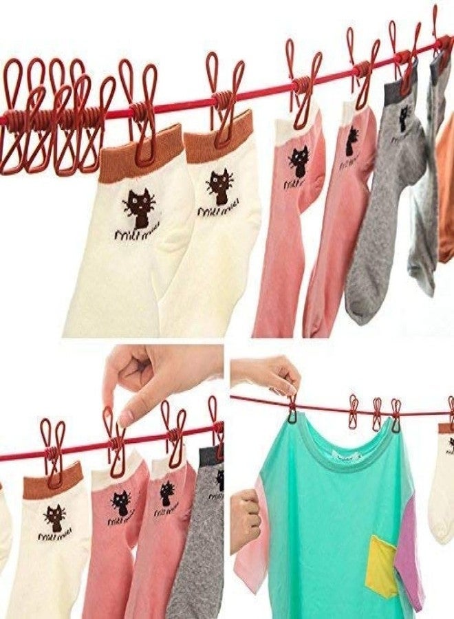 Samip Cloth Drying Rope with Hooks Clothesline Cloth Hanging Rope for Cloth Drying with 12 Clips Cloth Rope for Drying Clothes for Travel Home or Outdoor (Pack of 1) - Image 3
